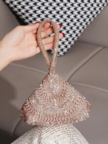 迷你晚宴包，鑲鑽裝飾，不對稱手提包，Mine Bag，派對包，紅唇包，可愛小手提包，時尚手拿包，適合搭配正式禮服 - 香檳色 - 查看 3