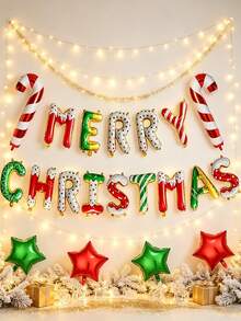 1 Set Merry Christmas Balloons, Red & Green Star Balloons, Spiral Candy Pattern Foil Balloons, Suitable For Christmas Party Decoration - Multicolor - View 5