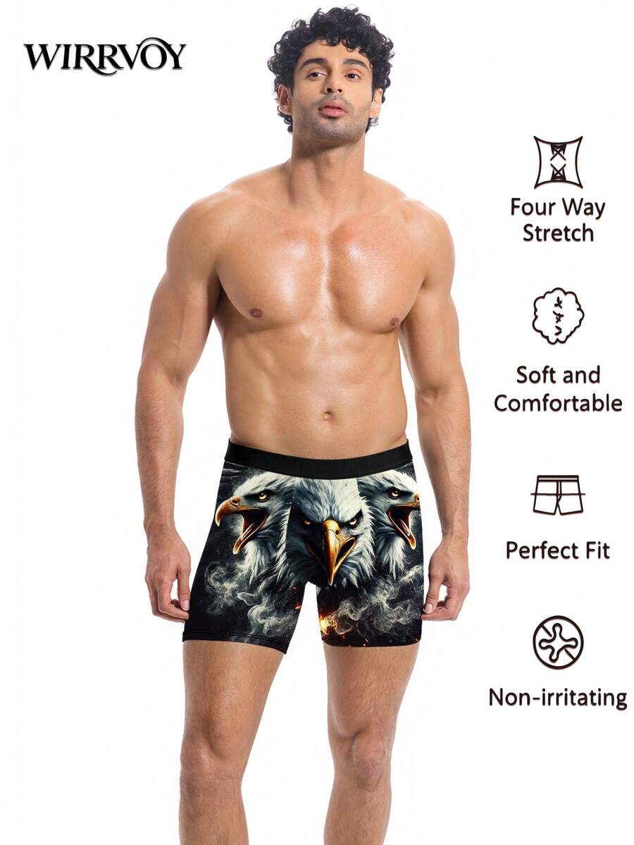 Men's Dramatic Flame Smoke Head Print Boxers, All Over Fierce Realistic White Portrait Graphic, Bold Street Fashion Underwear For Everyday Use - Black - View 1
