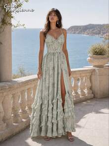 Green Floral Chiffon V-Neck Backless Tiered A-Line Maxi Dress - 綠色 - 查看 6