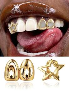 Set 2 buah Grillz Patchwork Bintang Asimetris Berongga, Penutup Gigi Samping Hip Hop yang Dipersonalisasi, Perhiasan Gigi Kostum Halloween, Cocok untuk Pemakaian Sehari-hari - Paket berisi dua buah - View 1