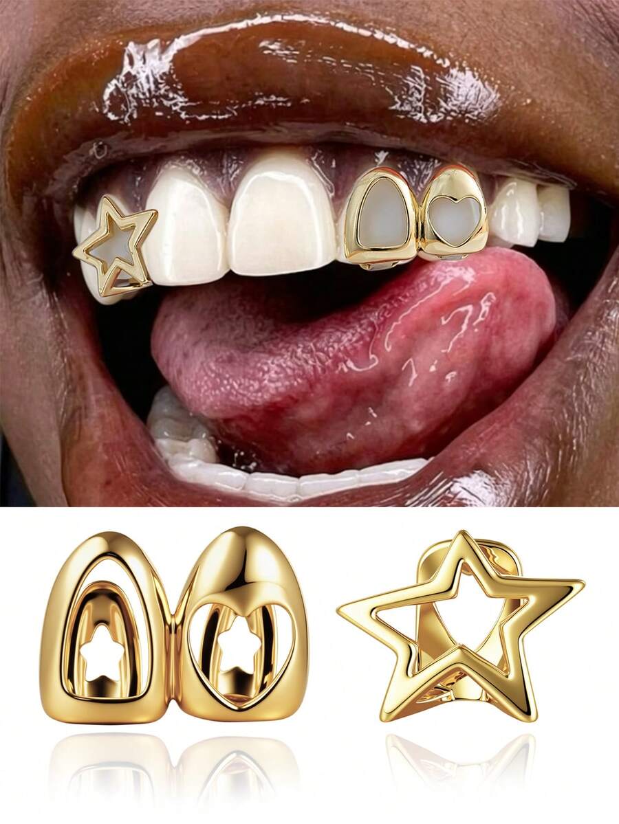 Set 2 buah Grillz Patchwork Bintang Asimetris Berongga, Penutup Gigi Samping Hip Hop yang Dipersonalisasi, Perhiasan Gigi Kostum Halloween, Cocok untuk Pemakaian Sehari-hari - Paket berisi dua buah - View 1