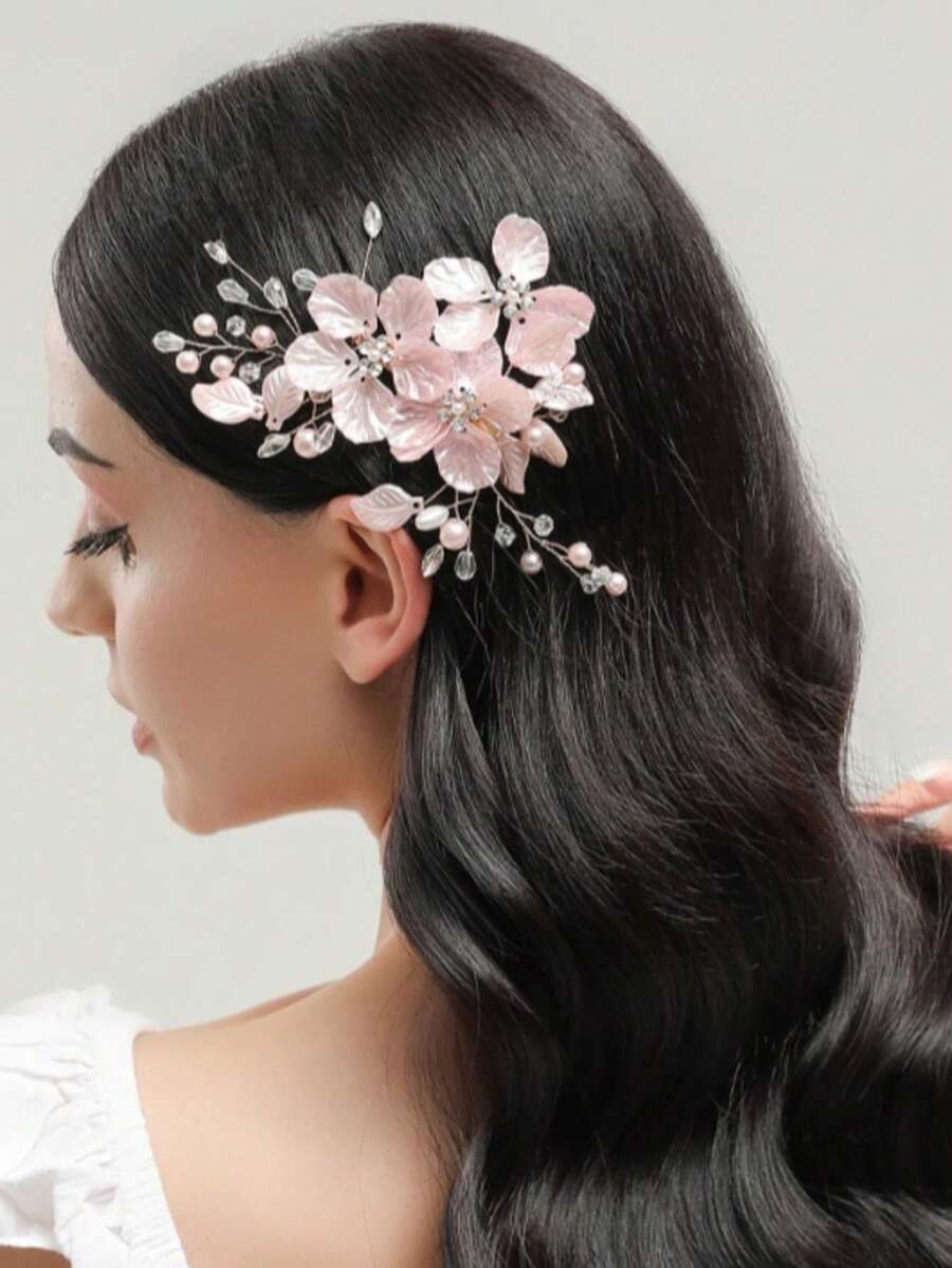 1 buah Jepit Rambut Wanita Motif Bunga Merah Muda Buatan Tangan dengan Hiasan Berlian Imitasi - Berwarna merah muda - View 1