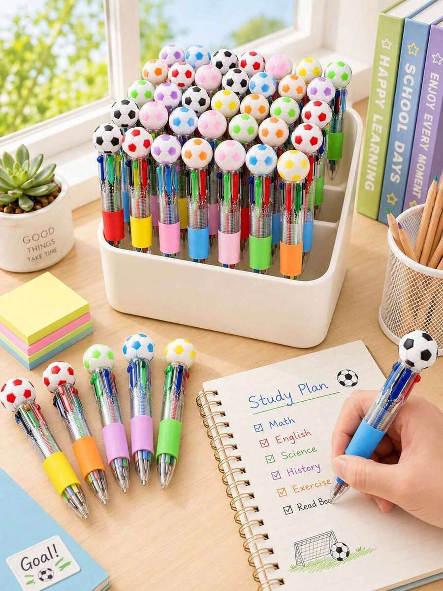 10pcs Random Color Soccer Ball Retractable Ballpoint Pen Set, Portable Sports-Themed Writing Stationery, Colorful Soccer Design Indoor Office Desk Decor, Adult Daily Use Birthday Halloween Party Gift, Office And Back To School Essential - View 1