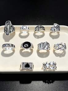 Gothic Men's Ring Set, Punk Hip Hop Multi-Piece Set, Couple Rings, Party, Vacation, Daily Wear, Finger Accessories, Fashion Jewelry Gift, Unisex - Silver - View 7