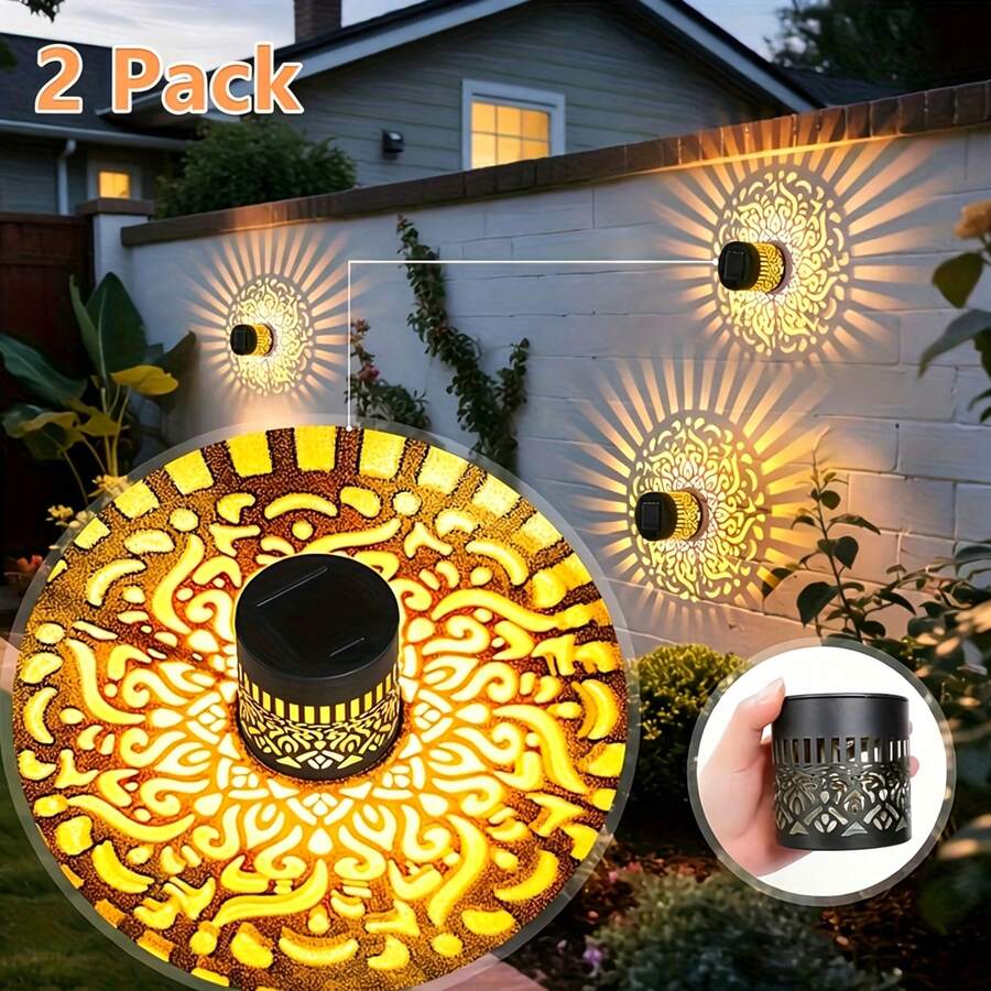 2pcs Solar Fence Lights,  Durable Metal Solar Powered Outdoor LED Lights With Mandala Cut-Out Theme, Waterproof Weather-Resistant Decorative Atmosphere Night Lights For Garden Patio Deck Step Wall Driveway Yard Fence Decoration9(IP44) - 曼陀羅 - 查看 1