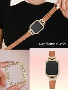 1pc Luxury Rose Gold Diamond Bow Watch Band + Double Row Rhinestone Hollow Watch Case Compatible With Apple Watch 38/40/41/42/44/45/46/49mm/Ultra/SE/11-1 Series, Suitable For Spring/Summer Wear, Back To School Gift, Fashion Women Accessory, Brown Band + Gold Case, Smart Watch Band Accessory Set - Brown - View 5