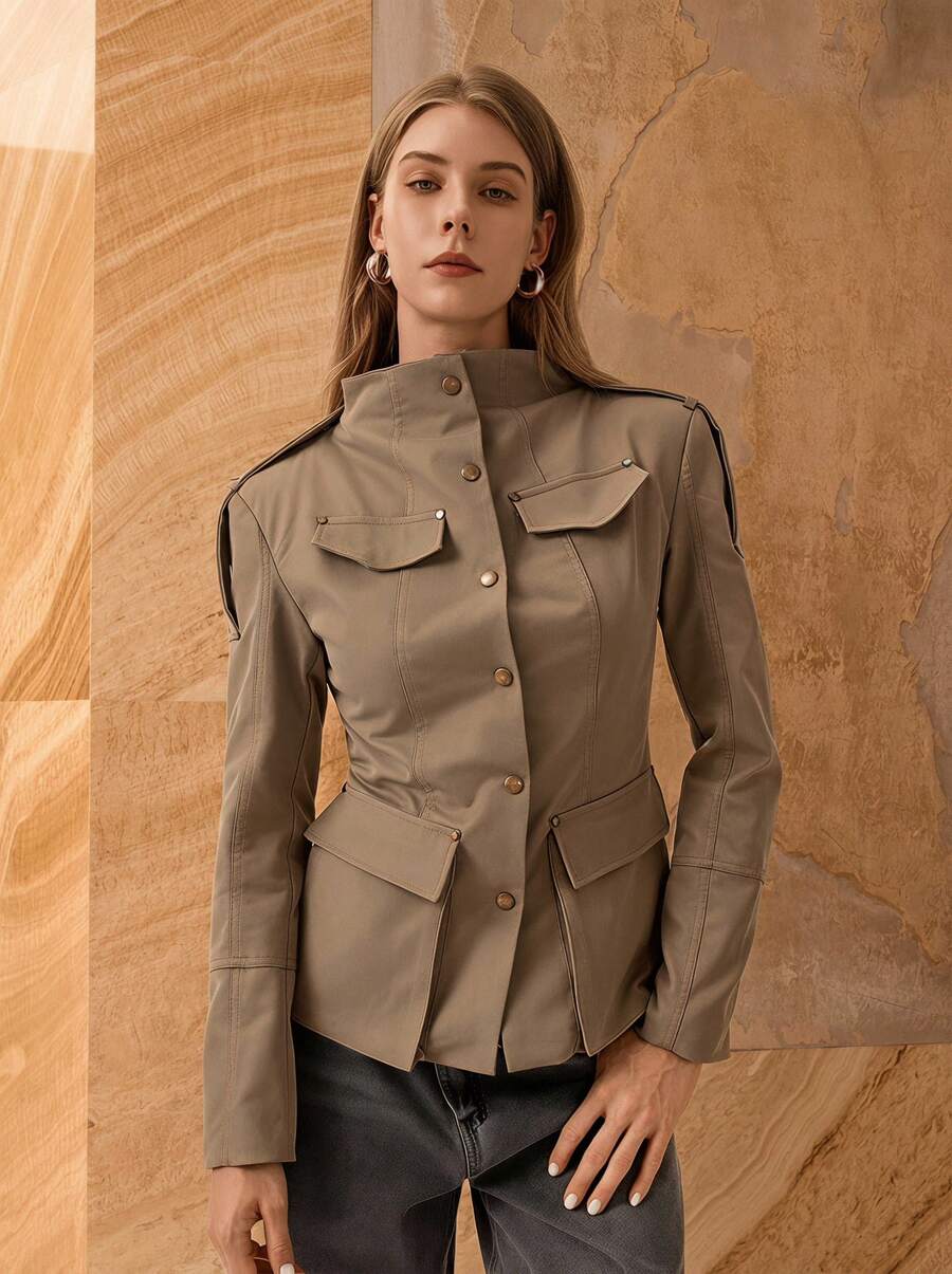 Glazenia Women's New Elegant Epaulet Design Stand Collar Fitted Jacket