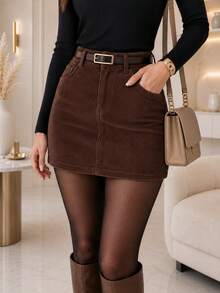 Women's Mini Skirt In Corduroy Velvet - Rust Brown - View 2