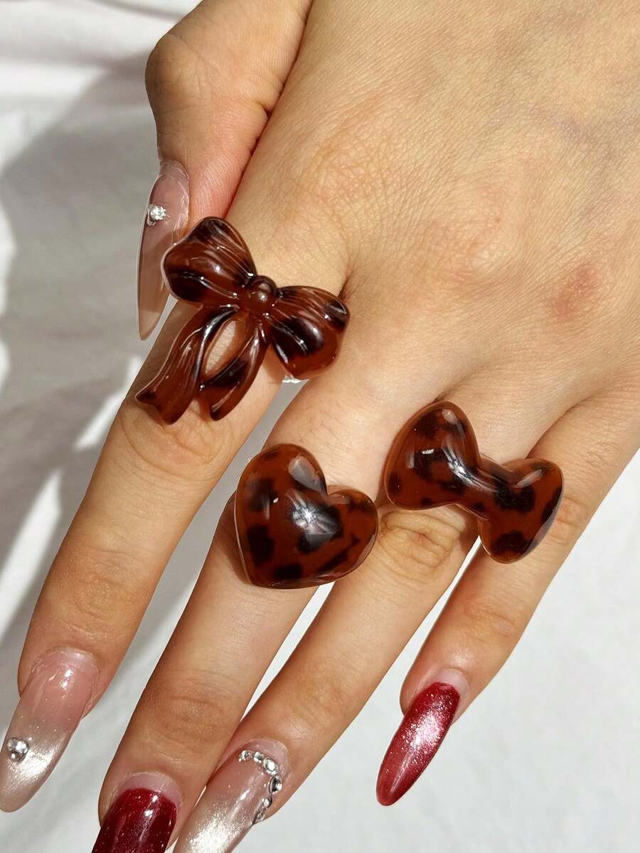 1件時尚可愛復古優雅休閒設計豹紋蝴蝶結愛心戒指,女款日常穿著度假派對首飾 - 彩色 - 查看 1