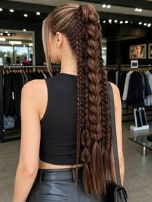24 Inch Long Brown Mixed-Color Synthetic Curly Braided Ponytail Wig For Women, Including Flipped Braids, Plaits, Fishtail Braids, And Elastic Hair Ties. Suitable For Everyday Wear, Braided Extensions, And Voluminous Hairstyle Accessories., Halloween - Multicolor - View 9