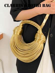 Ladies Luxury Shiny Gold Strap Design Crescent Handbag, Knotted Wrapped Handle Detachable Crossbody Strap For Formal Events Daily Styling - Gold - View 5