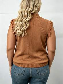 Women's Plus Size Solid Color Stand Collar Tassel Design Knit Vest Brown Fall - Brown - View 2