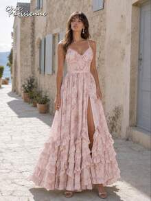 Pink Floral Chiffon V-Neck Backless Tiered A-Line Maxi Dress - 粉色 - 查看 2