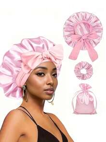 Juego de 3/1 pieza con lazos, gorro para dormir, gorro para el cabello de mujer, adecuado para cabello rizado y trenzas, gorro para dormir suave y cómodo, gorro para dormir anti-frizz, gorro de ducha - Multicolor - Ver 10