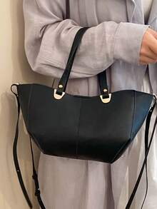 1件純色PU通勤購物大容量簡約精緻百搭休閒日常現代風托特包 - 黑色 - 查看 3