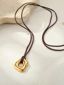 1pc Stainless Steel INS Style Personalized Exquisite Luxury Hollow Pendant Suede Cord Necklace Sweater Chain, Suitable For Parties, Gatherings, Vacations, Gifts For Friends And Family, Daily Wear, Commuting - Gold - View 3