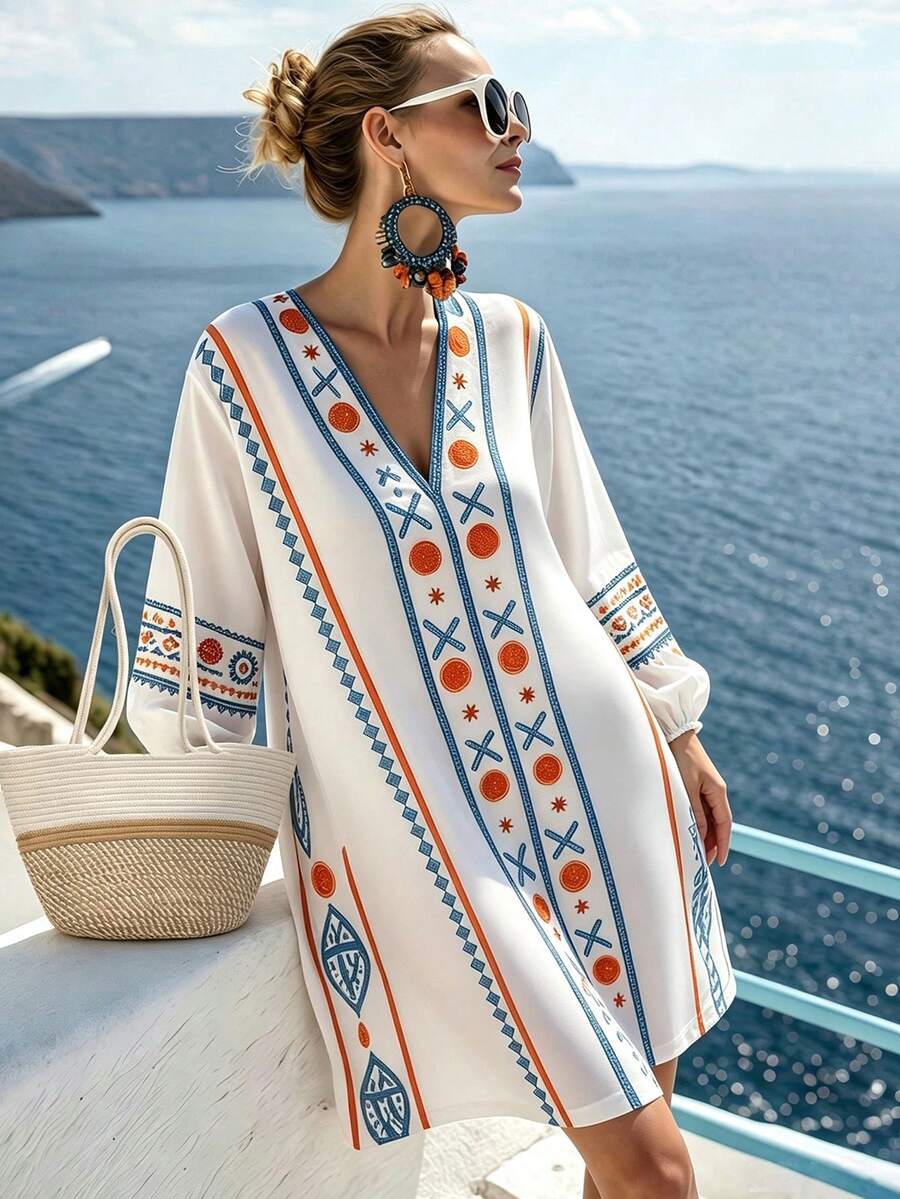 Women's Casual Bohemian Embroidered Long Sleeve Short Asymmetrical Hem Woven Non-Stretch Dress - White - View 1