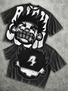 Manfinity Roghcode Men's Oversized Distressed Funny Diamond Teeth Tattoo Big Face Allover Print Cropped Loose T-Shirt (High Quality) - Washed Black 1 - View 20
