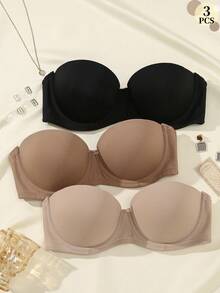 3 st/set dam-bh med slät finish, axelbandslös med avtagbara transparenta axelremmar, halkfri push-up mångsidig cold shoulder-bh - Multifärgad - Visa 3