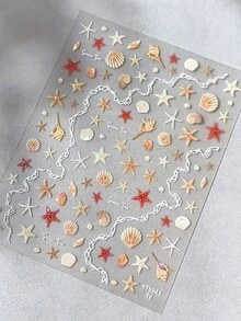 Shell Pearl Starfish Shell Nail Stickers, Minimalist Sparkling Cute Starfish Decorative Stickers, Ocean Series Colorful Shell Conch Nail Stickers, Premium Shell Pearl Starfish 3D Embossed Nail Stickers - Ocean - View 14
