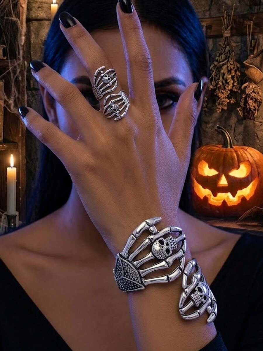 XYHEALER 1 Set Halloween Skeleton Hand Bone Bracelet And Ring Set, Vintage Silver Skeleton Open Cuff Bracelet And Adjustable Wrap Ring, Gothic Punk Style Women's Jewelry Gift - Multicolor - View 1