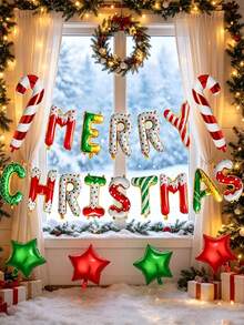 1 Set Merry Christmas Balloons, Red & Green Star Balloons, Spiral Candy Pattern Foil Balloons, Suitable For Christmas Party Decoration - Multicolor - View 4