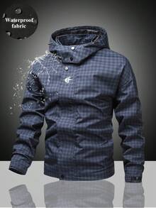 All-Over Plaid Textured Hooded Functional Jacket, Lightweight Long Sleeve Layering Jacket For Cycling, Hiking, Commuting, Casual Wear, Spring And Autumn - Blue - View 1
