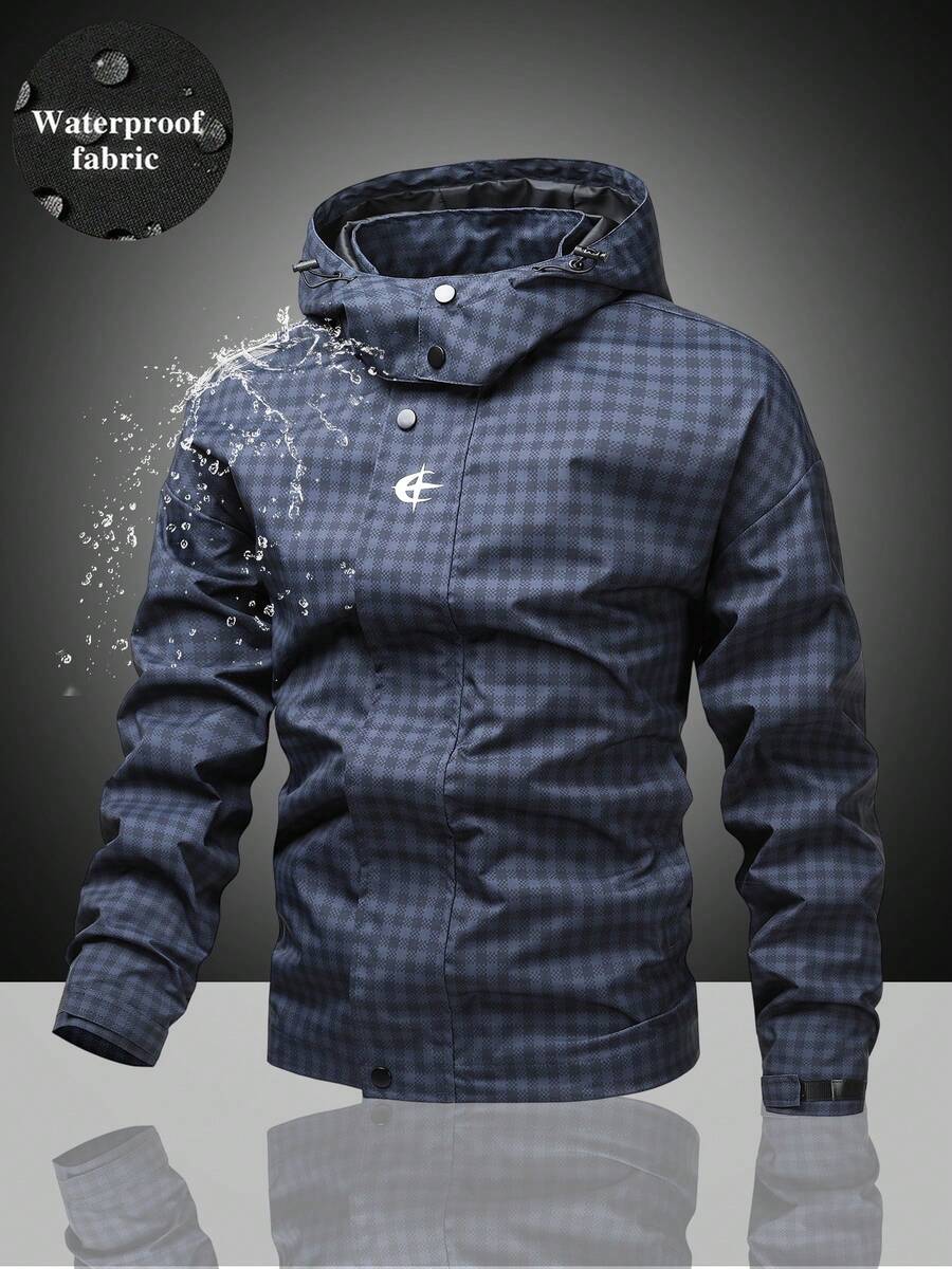 All-Over Plaid Textured Hooded Functional Jacket, Lightweight Long Sleeve Layering Jacket For Cycling, Hiking, Commuting, Casual Wear, Spring And Autumn - Blue - View 1