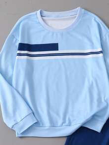 Boys' 2-Piece Set, Light Blue Round Neck Striped Top With Navy Blue Colorblock Jogger Sweatpants, Simple Daily Commute Student Versatile Casual Outfit, Autumn/Winter - Blue - View 7