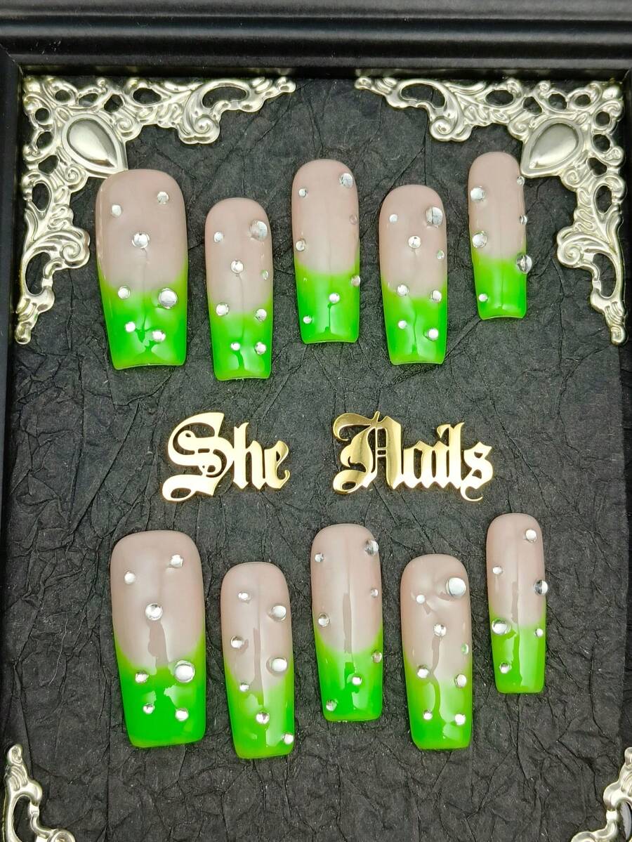 DIY 10pcs Night-Light French Tip Western/Goth Junk Punk Green Nails Long Square Handmade Press On Nails With Shinning Nail Surface Covering With Diamonds Suitable For Daily Use/Parties/Halloween Nails To Use Wear With Free Gel Sticker Nail File. - 綠色 - 查看 1