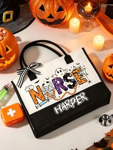Custom Name Halloween Nurse Canvas Tote Bag, Personalized Medical Worker Shoulder Bag, Halloween Nurse Appreciation Gift - Multicolor - View 2