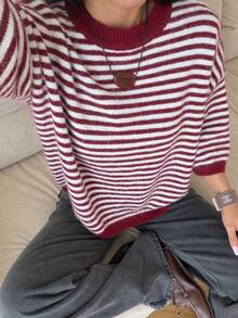 2026 New Autumn/Winter Women's Contrast Striped Loose Oversized 3/4 Sleeve Knit Sweater, Dropped Shoulder Round Neck Soft Fuzzy Striped Pullover Fall - Maroon - View 4