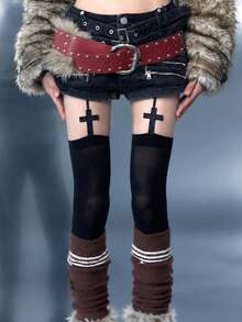 1 par de medias altas hasta el muslo transparentes con tirantes y decoración de cruz negras para mujer, estilo gótico alternativo Y2K, para festival, fiesta y salidas nocturnas - Negro - Ver 4