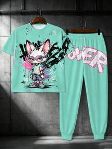 Plus Size Men's 2-Piece Set, Men's Long Pants, Graphic T-Shirt, Streetwear Series "Cool Rabbit With Glasses Graffiti POWER Print" Pattern Set - Polyester Fabric, Drawstring, Pockets, Suitable For Plus Size - Mint Green - View 2