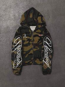 Men Fashion Street Camo Letter Print Zip Up Hoodie, Hip Hop Edgy Unique Loose Casual Long Sleeve Hooded Cardigan Jacket - Army Green - View 1