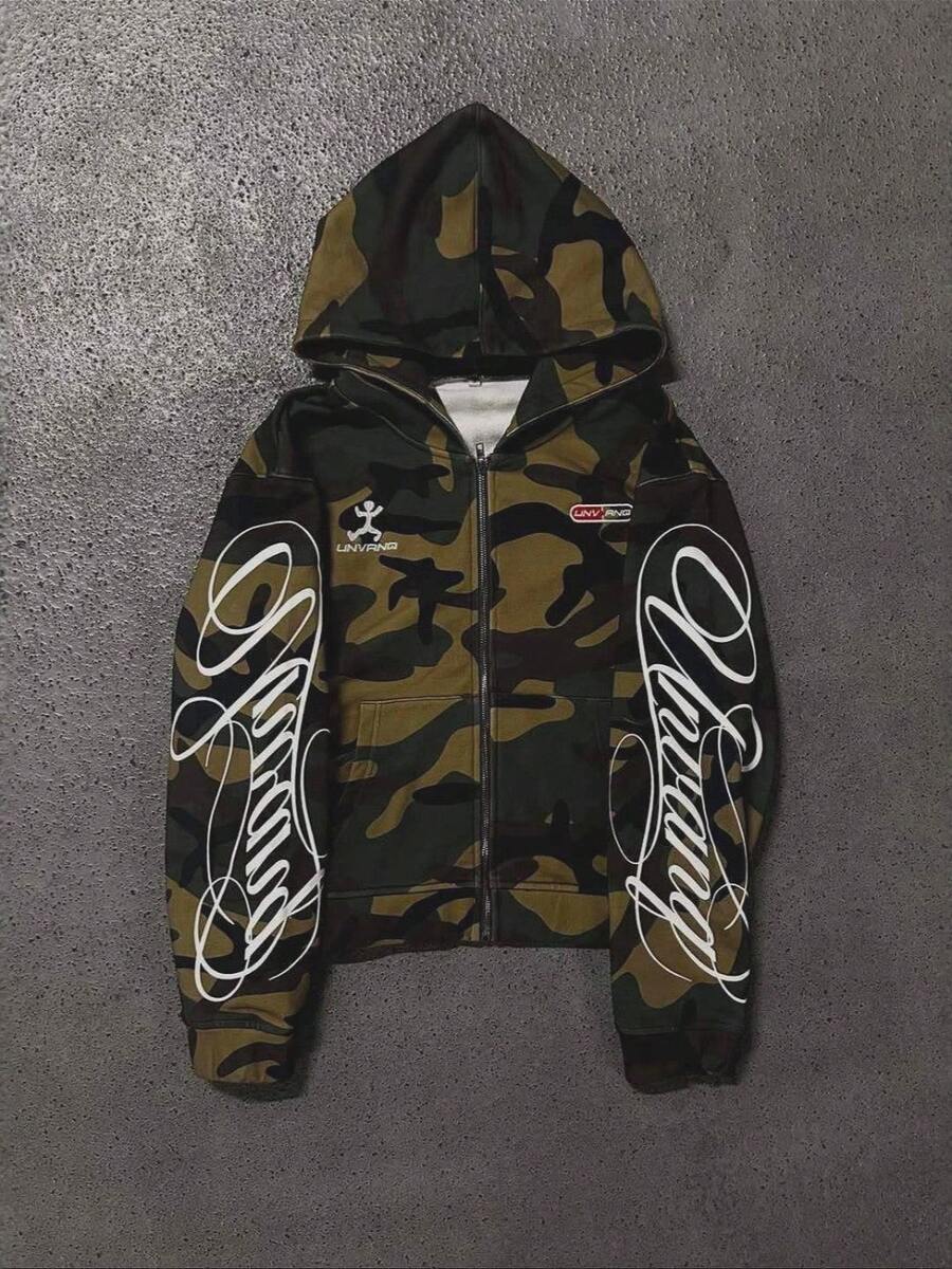 Men Fashion Street Camo Letter Print Zip Up Hoodie, Hip Hop Edgy Unique Loose Casual Long Sleeve Hooded Cardigan Jacket - Army Green - View 1