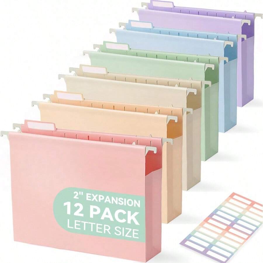 SortRax Plastic Extra Capacity Hanging File Folders, 2" Pastel Expanding Pocket, Heavy Duty For Filing Cabinet, Insertable 1/5-Cut Tabs, Letter Size - 12 Pack - Pastel - View 1