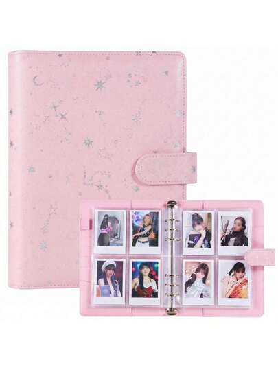 Bìa sổ tay rời PU họa tiết bầu trời sao + 25 trang trong 4 ô, album ảnh A5 dạng binder 6 khuyên, album sưu tập thẻ ảnh phù hợp cho thẻ giao dịch, photocard, túi đựng thẻ game, 4 túi bảo vệ mỗi tờ cho người sưu tập thẻ, album photocard, ví đựng thẻ