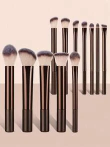 12pcs Professional Soft Bristle Long Aluminum Handle Makeup Brush Set, Including Soft Foundation Brush, Eyeshadow Brush, Eyebrow Brush, Blending Brush, Highlighter Brush, Concealer Brush, Suitable For Daily Use And Travel, Great Gift For Makeup Tool Accessories, Store The Full Set Of Makeup Brushes In A Makeup Bag, Pair With Daily Outfits For Back To School, Essential For Halloween Outfits And Holiday Dressing. - Coffee Brown - View 6