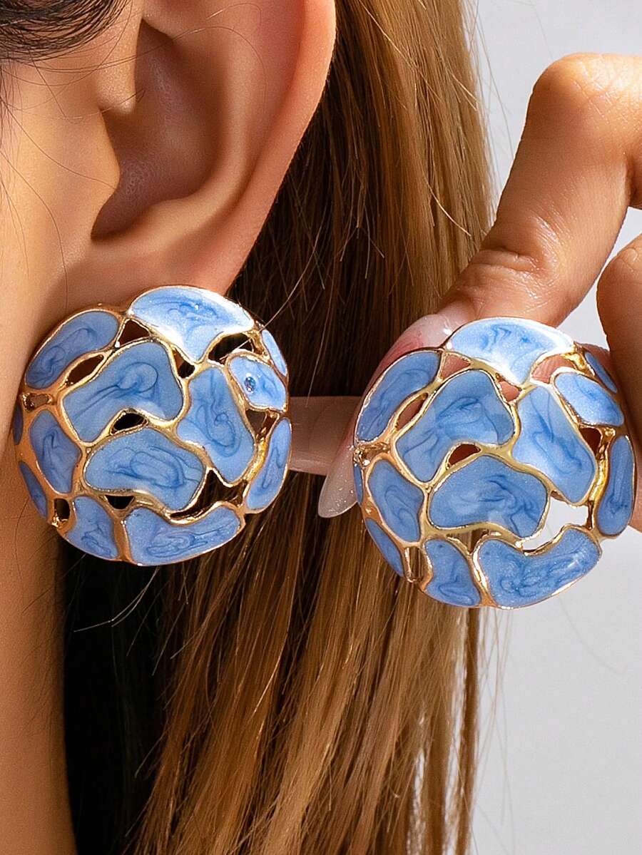 1 Pair Vintage French Style Colorful Enamel Stud Earrings, Gold Foil Cracked Design Hemisphere Earrings, Gentle Elegant Versatile Style - Baby Blue - View 1