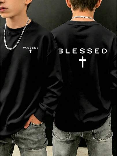 Sweatshirt Leher Bulat Motif Salib dengan Slogan Minimalis untuk Anak Laki-Laki, Atasan Nyaman untuk Musim Gugur/Dingin