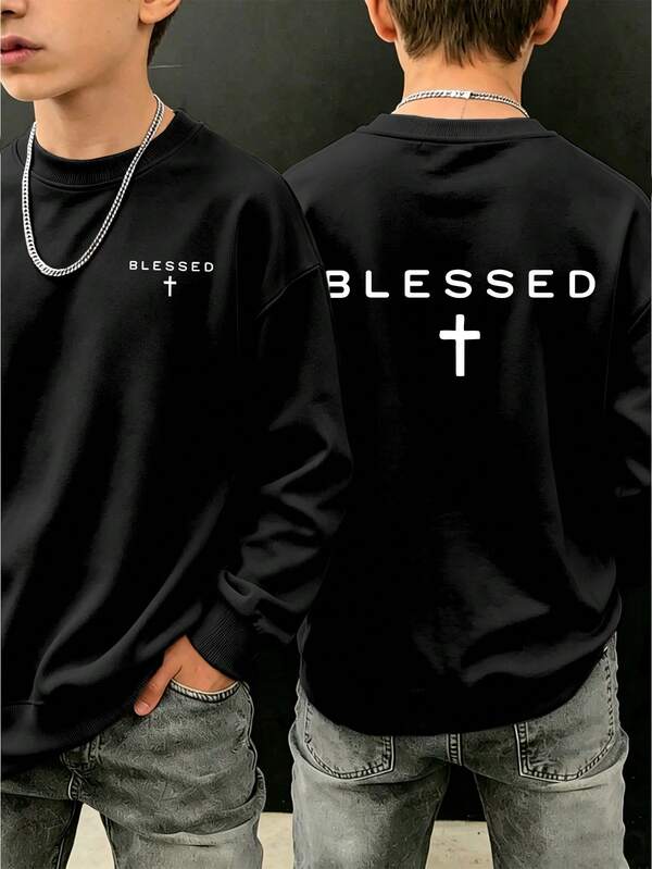 Big Boys Minimalist Slogan Cross Pattern Print Crew Neck Sweatshirt, Comfortable Autumn/Winter Top