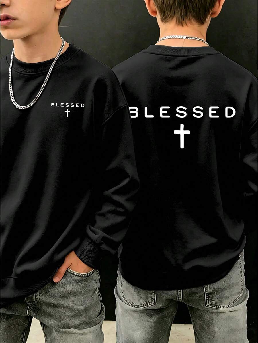 Big Boys Minimalist Slogan Cross Pattern Print Crew Neck Sweatshirt, Comfortable Autumn/Winter Top - Black - View 1