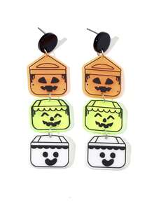 1pair Happy Cute Halloween Funny Face Pumpkin Bucket Drop Earrings For Women Girls For All Saints' Day Party Jewelry Accessories - Multicolor - View 2