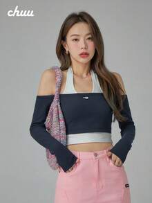 CHUU Sweet & Spicy 女款假兩件式長袖 T-shirt，秋季露肩短版上衣，獨特設計 - 藏蓝色 - 查看 2