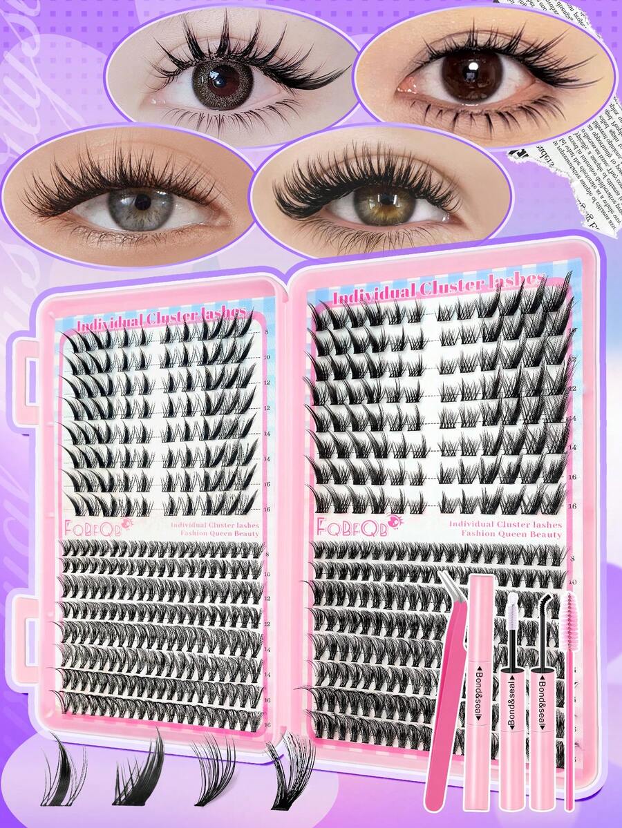 496pcs/100pcs/36pcs Nine-Tailed Rabbit & Fox Lili 30D+40D Cluster False Eyelashes | Fluffy Natural False Eyelash Set, Includes Daily Makeup Tools - Black - View 1