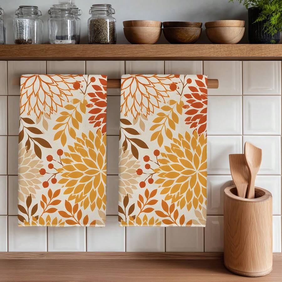 2件組秋季花卉圖案印花 40*60cm 簡約風長方形超細纖維廚房毛巾，洗碗布、桌布、手巾，感恩節廚房裝飾、居家裝飾、鄰居喬遷禮物，適用於廚房與浴室，適合家庭主婦與家庭聚會，高 CP 值居家必需品 - 橘色 - 查看 1