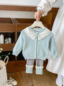 Korean Style Soft Baby Girls Knit 2 Pieces Set, Waffle Lace Collar Long Sleeve Cardigan And Lace Bow Contrast Color Long Pants Outfit - Mint Blue - View 1