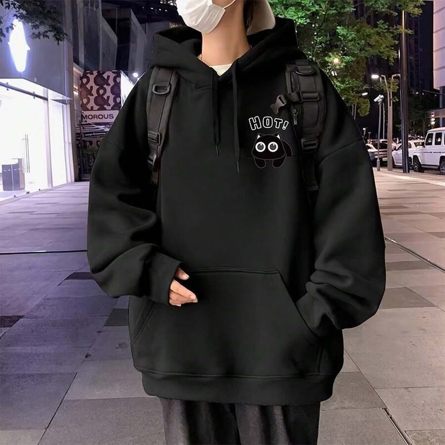American-Style Hooded Sweatshirt For Men And Women, New Spring And Autumn Loose-Fit Pullover Long-Sleeve Top, Simple Thickened Jacket - 黑色 - 查看 1